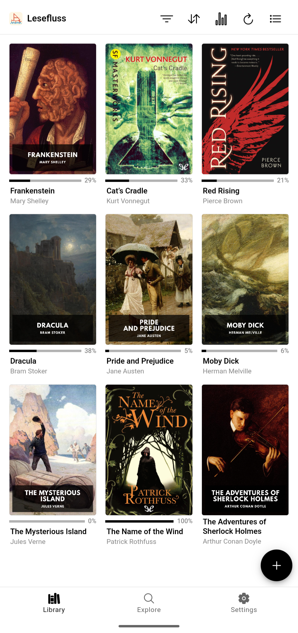 Lesefluss Android app showing the library